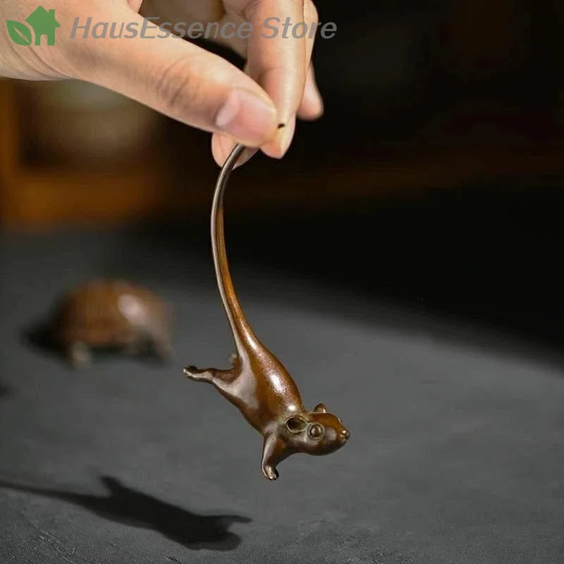 ※Long Tail Mouse Miniature Figurine Chinese Style Tea Pet Vintage Pure Copper Rat Ornament Home Decoration High-quality