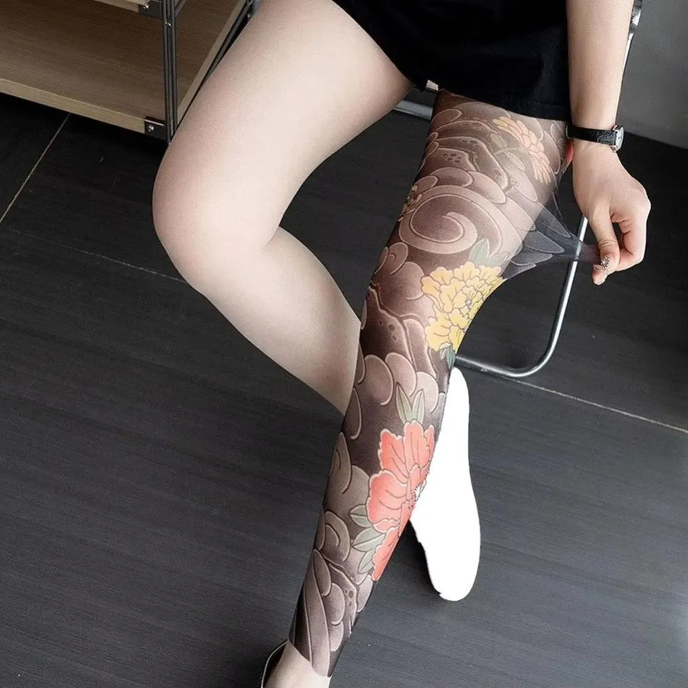 Novo tatuagem falsa feminina sexy impresso collants perspectiva malha peônia meia-calça leggings alta meia-calça verão