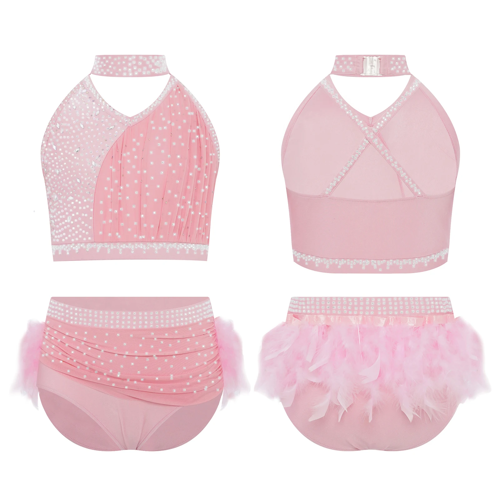 2Pcs Kids Girls Latin Jazz Dance Outfit Sparkly Rhinestones Ruched Crop Top with Briefs Skirt Ballet Dance Performance Costume