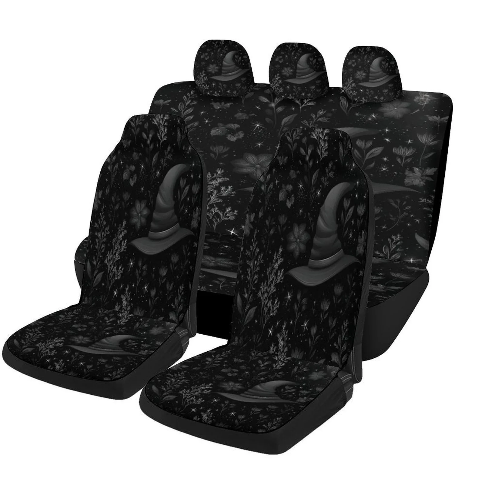 

Floral Witch Hat Night Themed Car Seat Cover For Most Cars - 2 Front Seat And Rear Seat Back Breathable Material, Eas