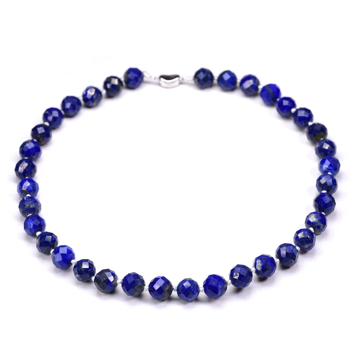 10MM High Quality Natural Faceted Lapis Lazuli Beads Necklace for Women Men Silver 925 Buckle Chokers Jewelry Female Hand Knotte