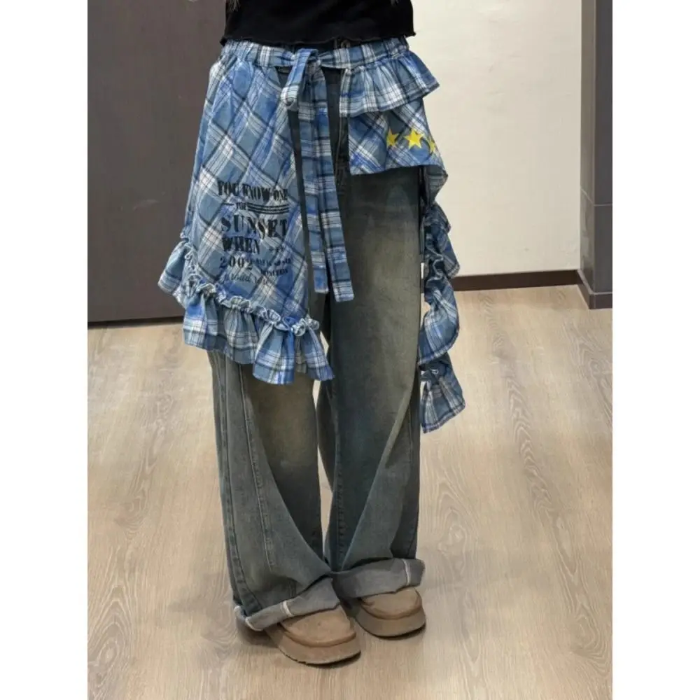 

Jeans Pants Decor Personalized Lace Mini Skirt Irregular Y2K Streetwear Lace Up Ruffles Skirt Harajuku High Waist Pleated Skirts