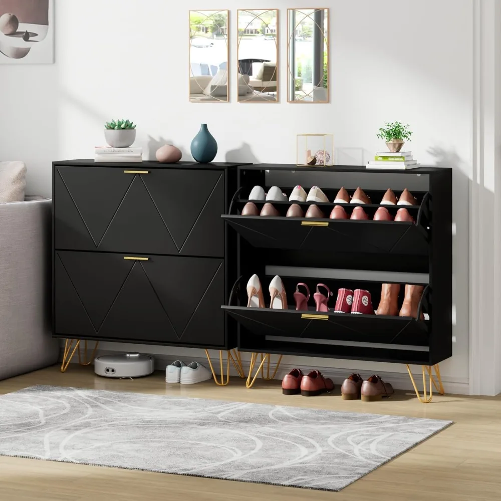 

Shoe Cabinet for Entryway Slim Set of 2, Black Shoe Cabinet with 2 Flip Drawers, Narrow Shoe Storage Cabinet