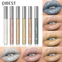 QIBEST lápiz labial líquido de diamante 6 colores hidratante maquillaje de larga duración gris brillante resistente al agua brillo de labios cosméticos