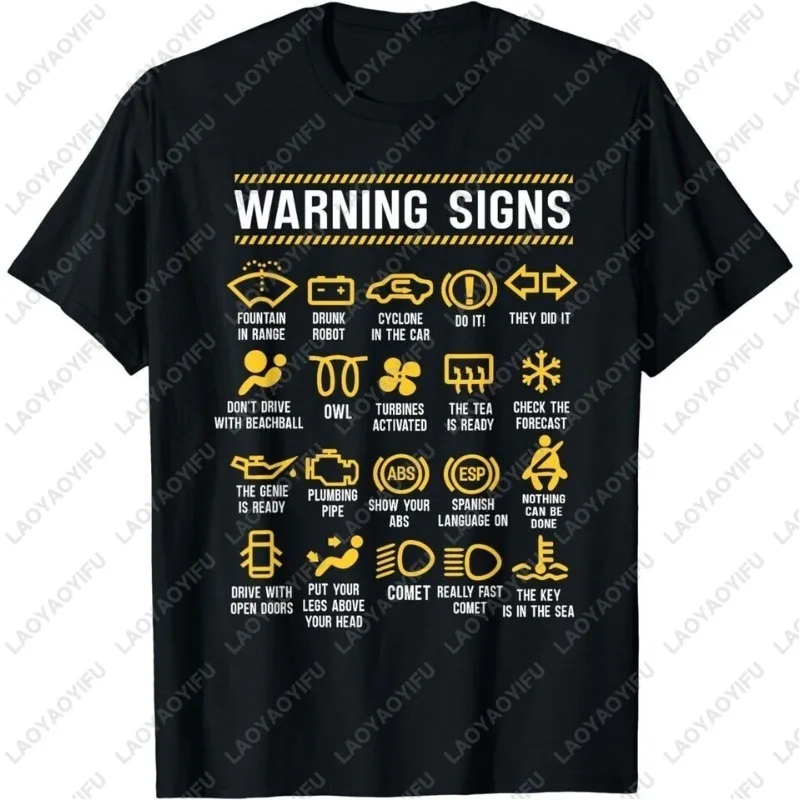 Warnschilder 101, lustiges Auto-Mechaniker-Geschenk, Unisex, schwarzes T-Shirt, Armaturenbrett-Symbole, Männer und Frauen, kurzärmelige Baumwoll-Tops