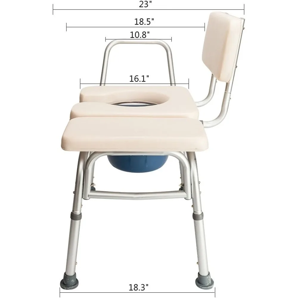 كرسي صوان 2 في 1 للمرحاض مع دلو ومقعد مبطن ومسند ظهر ومسند للذراعين، حمام قابل لضبط الارتفاع