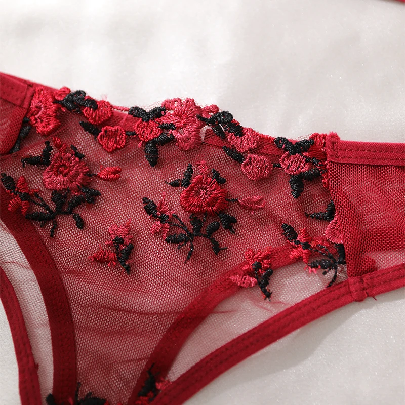2024 New Wine Red Embroidery Floret Transparent Lingerie Woman Push Up Ventilate Underwear G-string Erotic Bra Set Sexy Outfits