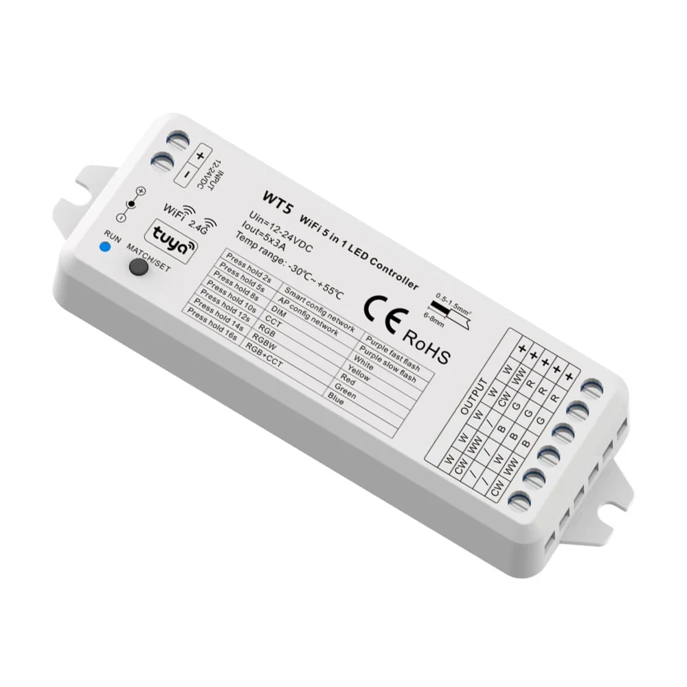 WT5 12 ~ 24V 3A Tuya Wifi + RF LED Strip Controller Dimmer 5-in-1 Mode per DIM CCT RGB RGBW RGBWC Remote APP Control regola