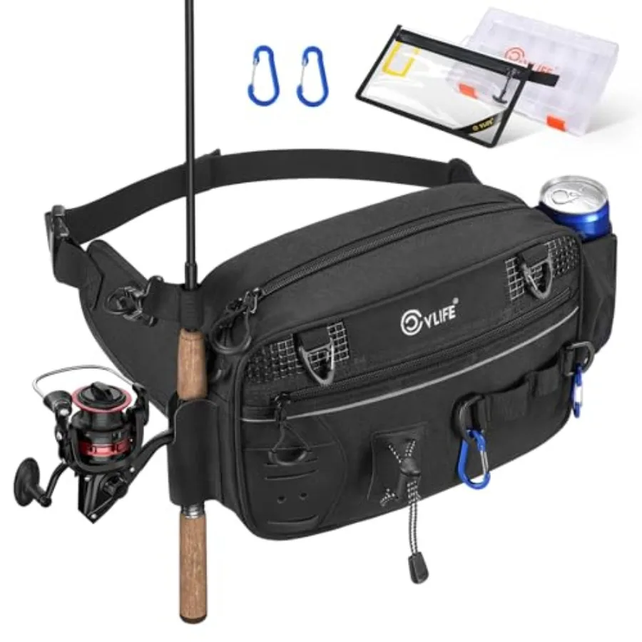 Fishing Tackle Bag Waist Pack with Rod Holder, Water Resistant Fanny Pack Includes 3600 Tackle Box, Waterproof Pouch and Carabi