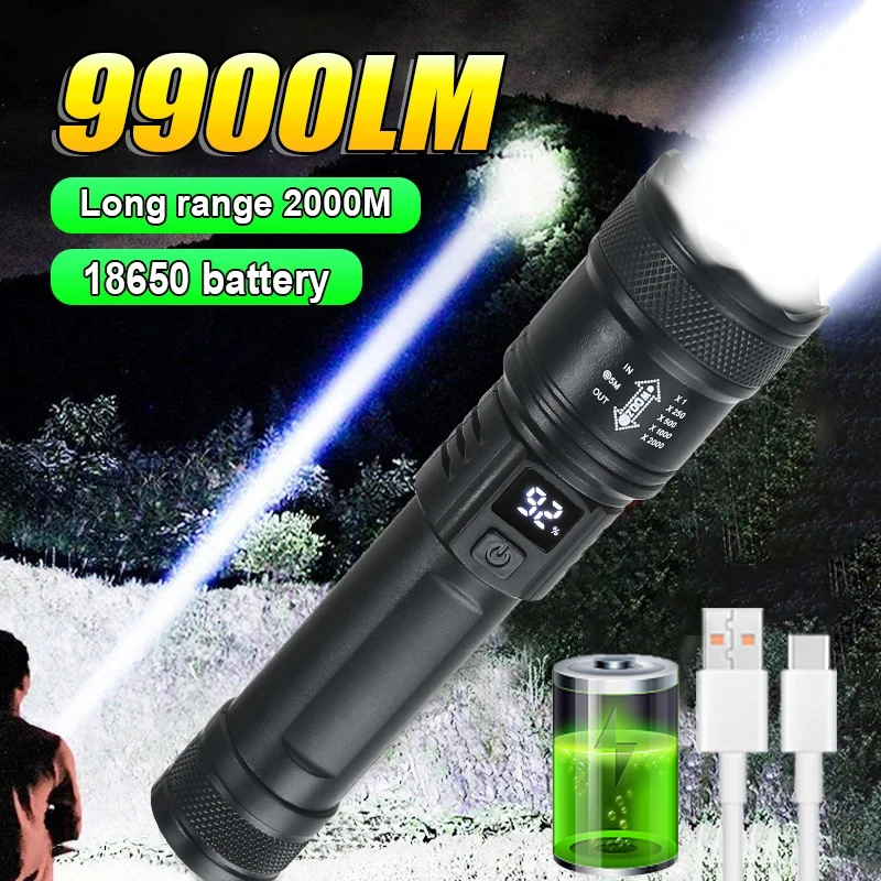 

9900LM Powerful LED Flashlight Battery Display USB Rechargeable Light Telescopic Zoom Torch Lamp Outdoor Camping Fishing Lantern