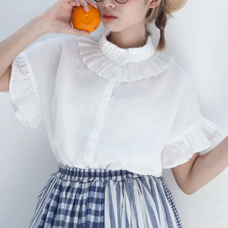 

Льняная блузка Hewu Original Design с винтажным воротником, свободного кроя, двусторонняя, с кружевными рукавами, женская, летняя, модная