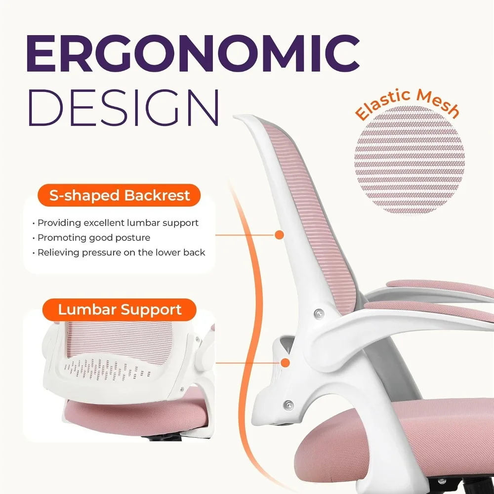 Ergonomic Mesh Office Chair with Lumbar Support, Adjustable Height & Flip-up Arms, Swivel Rolling Wheels, Pink view 3
