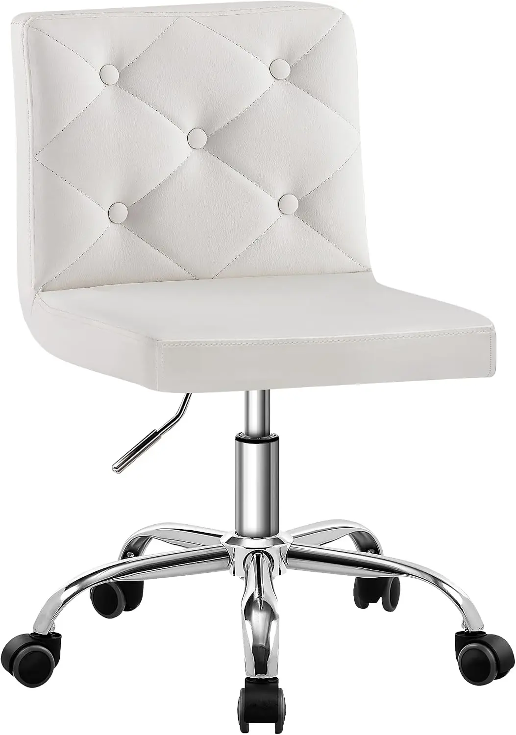White Armless Mid-Back PU-Leather Vanity Chair, Height-Adjustable 360 Rolling Swivel Chair for Home & Office Use