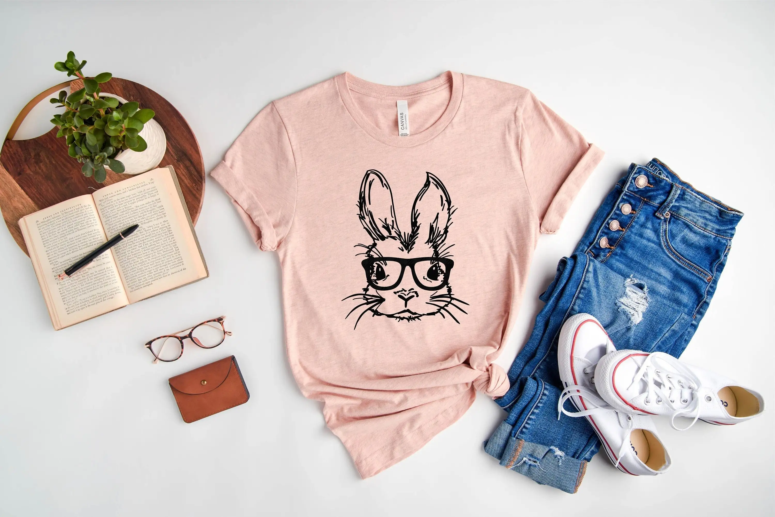 Bunny With Glasses Shirt Easter Tee T For Women Lady Rabbit Pascual