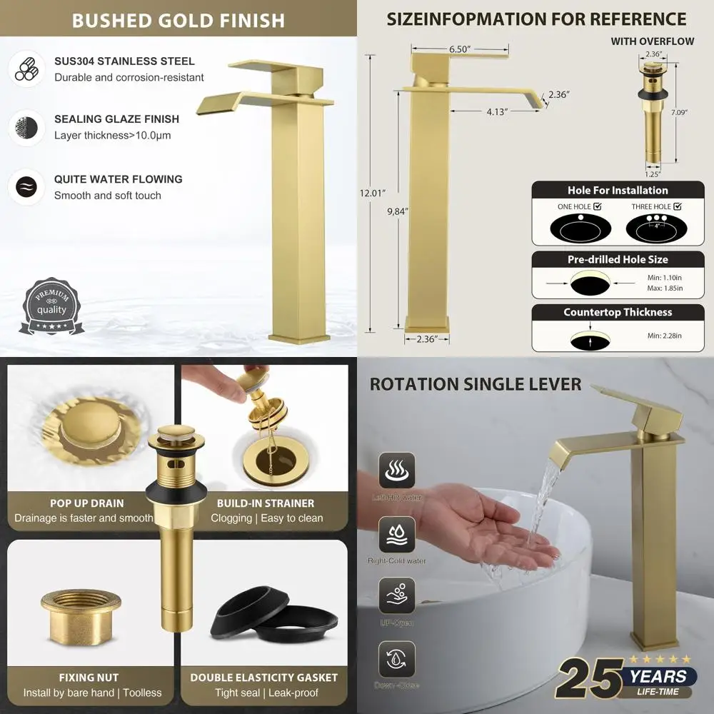 

Современный смеситель для унитаза с одной ручкой из матового золота со сливом, дизайн высокого туалетного столика с водопадом, нержавеющая сталь SUS304, домашний декор