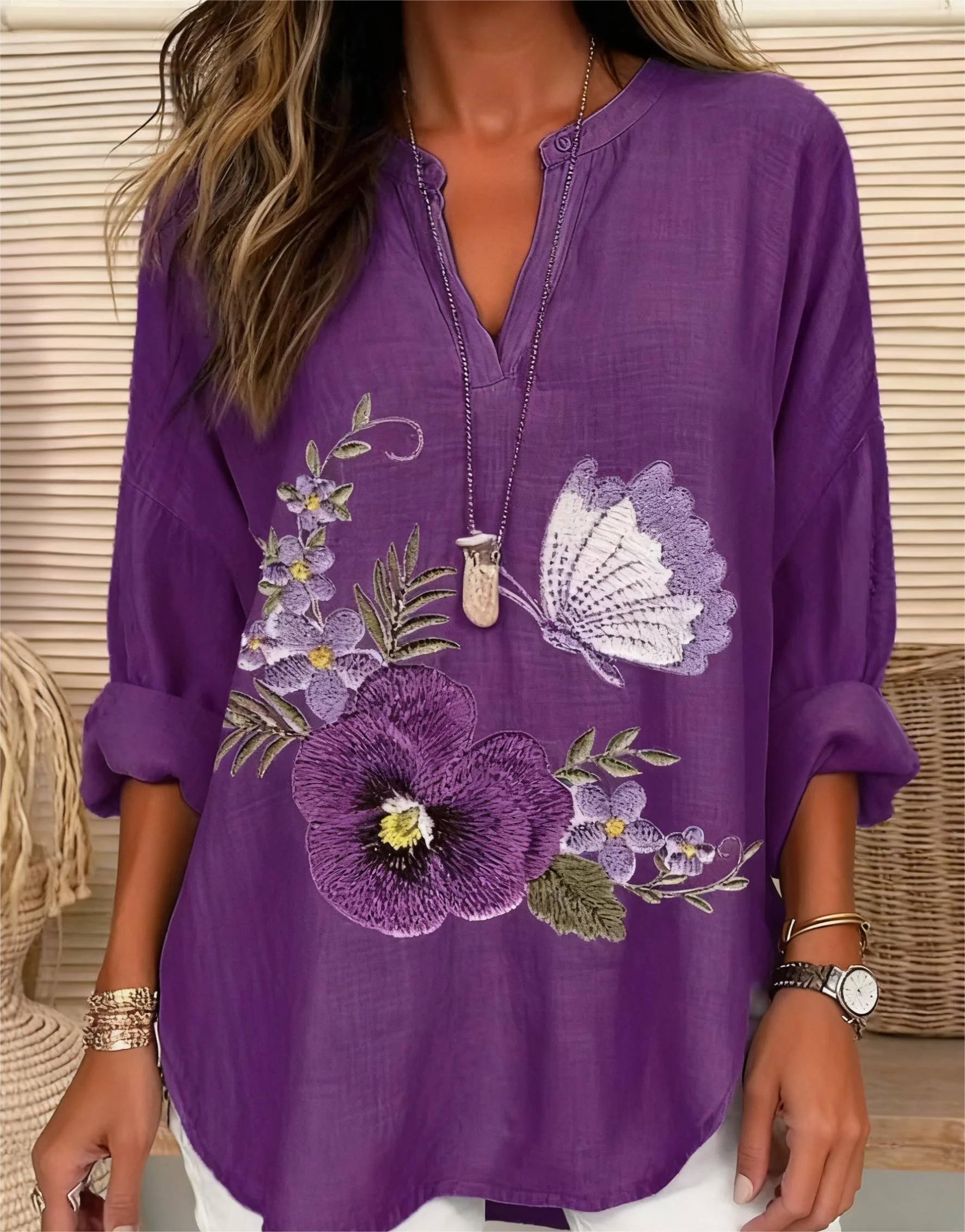 

Женская винтажная блузка с длинным рукавом и v-образным вырезом с цветочным принтом - повседневный струящийся топ