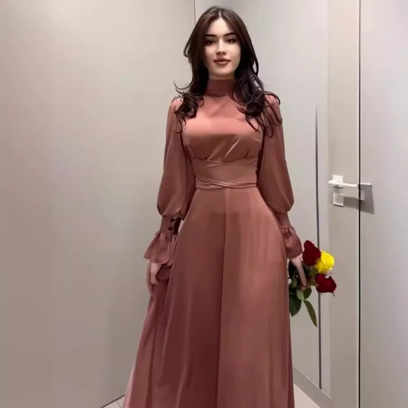 Vestido longo de cetim feminino primavera outono moda simples em torno do pescoço manga alargamento rendas até ajuste fino sexy festa vestido de noite