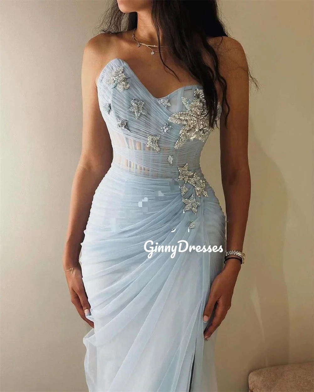 فستان سهرة مخصص من فيستدوس دي فييستا ضياء على شكل حرف a على شكل قلب بطول الكاحل فستان سهرة مكشكش مطرز بدون أكمام وسحاب