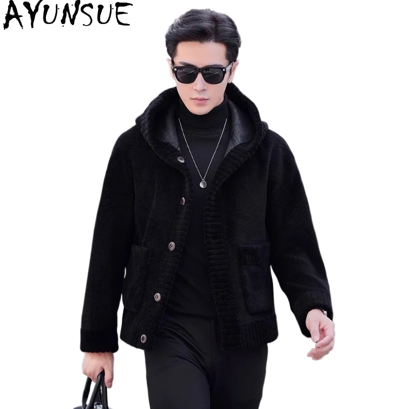 AYUNSUE Short Sheep Shearing Jacket Men Double-sided Wear Autumn Winter 100% Wool Coats for Man Hooded Fur Coat chaqueta hombre