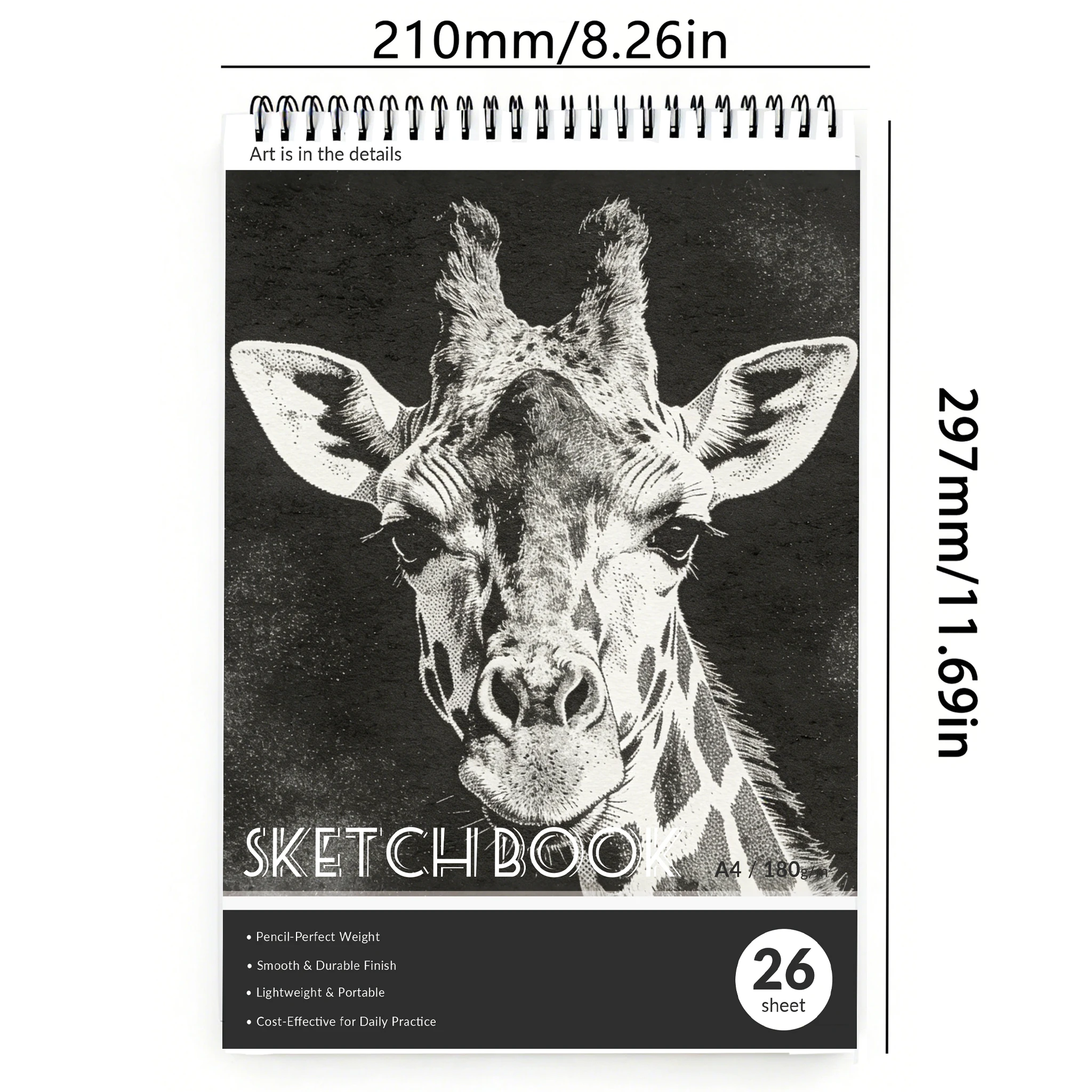 A4 & A5 Spiral Sketchbook 180gsm, Black & White Giraffe Halftone Cover, 26 Sheets Flip-Open Art Pad for Sketching, Back to Schoo