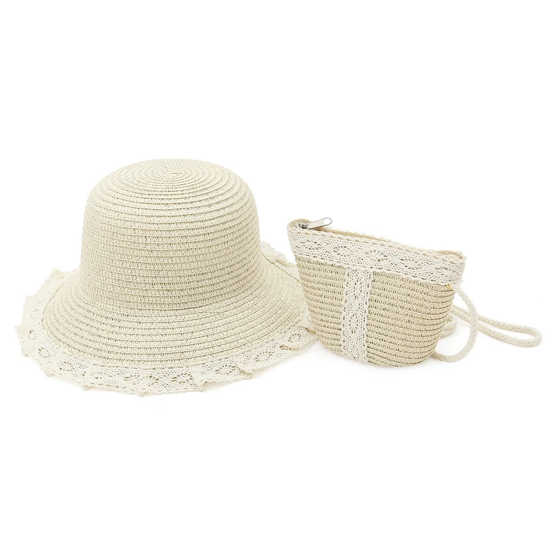 

GEMVIE Summer Baby Girl Straw Hat Bag Beach UV Protection Sun Hats Outdoor Bucket Cap with Lace Ribbon