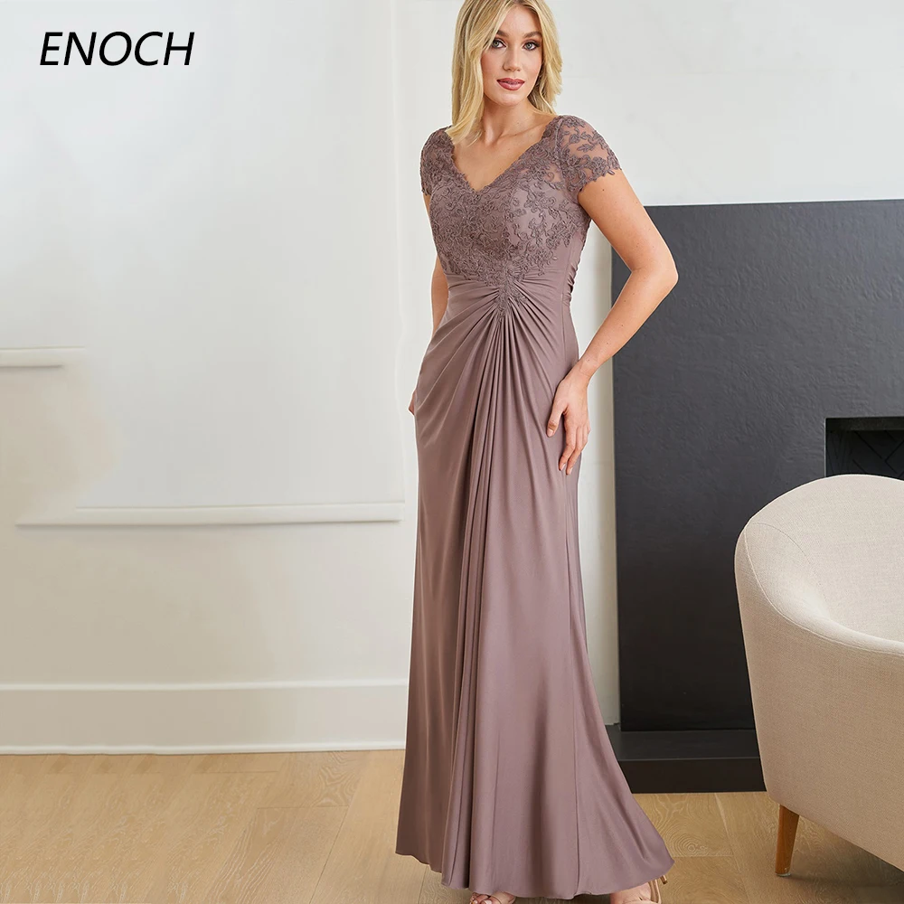 

ENOCH Elegant Mother of the Bride Dresses Lace Appliques Short Sleeves Zipper Party Weddings Banquet Evening Prom Gown Vestidos