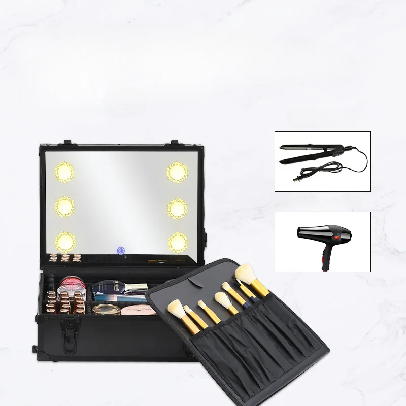 Valigia cosmetica professionale con rotelle Trolley valigia LED Light Mirror Box valigie da viaggio ricamate con ruote