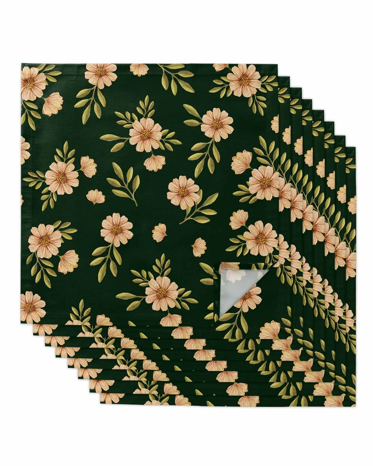 4pcs Daisy With Dark Green Background Leaves  Table Napkins Cloth Set Kitchen Dinner Tea Towels Table Mat Wedding Decor Napkins