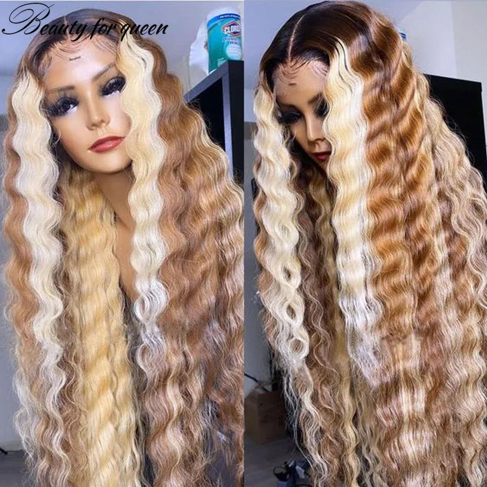 Perruque Lace Front Wig Deep Wave Naturelle, Cheveux Humains, Couleur Blond Miel Ombré #4/27, 13x4, Densité 180%, pour Femme