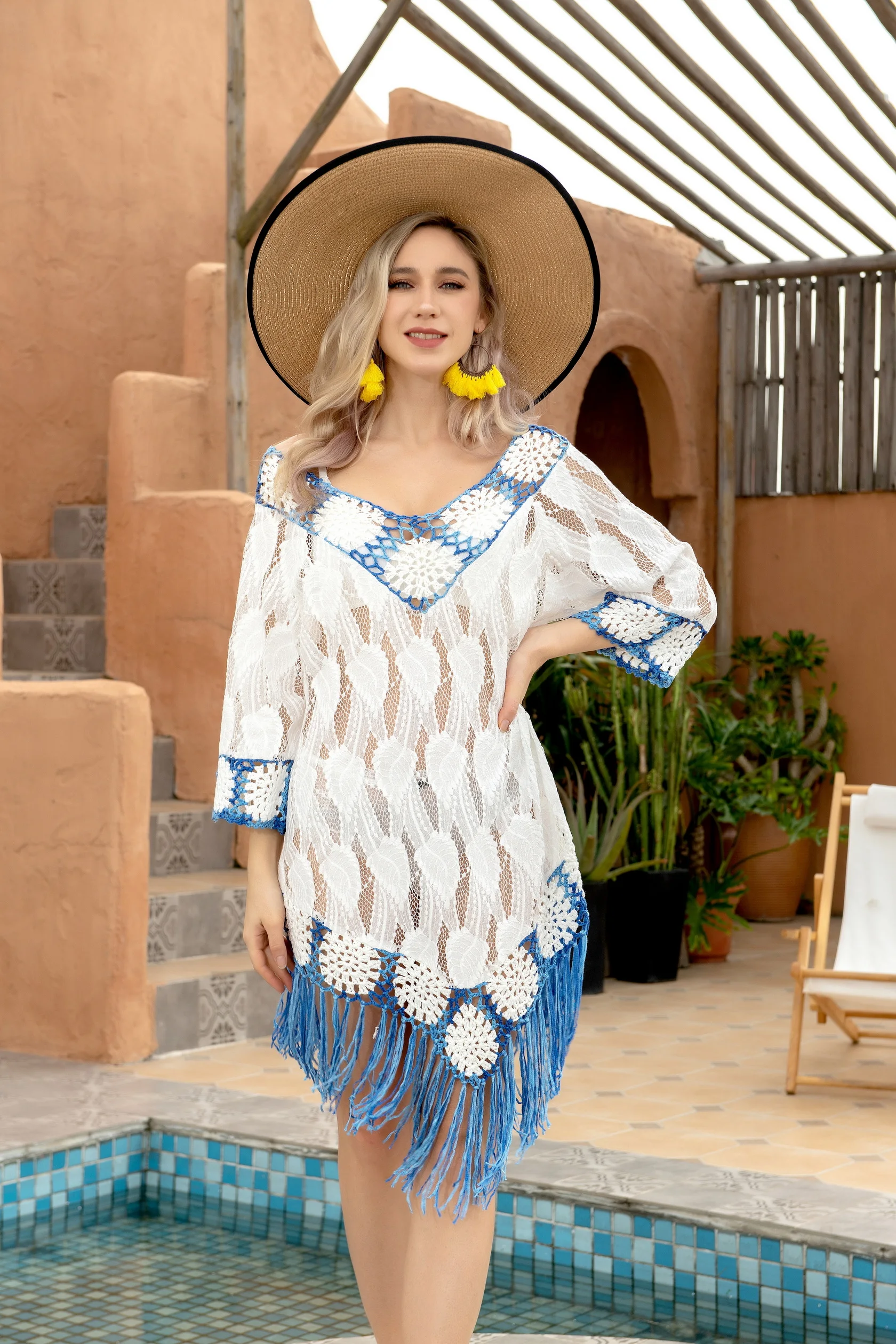 H80&S90 신상 여성용 멀티 크로셰 레이스 태슬 섹시 수영복 하프 슬리브 V넥 탱크탑 핸드메이드 드레스 비치웨어