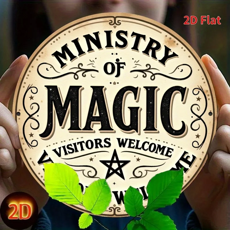 Impresión plana 2D, 1 pieza, letrero de hierro redondo vintage: Bienvenido al Ministerio de Magia, adecuado para exteriores, interiores, calle, oficina, hogar