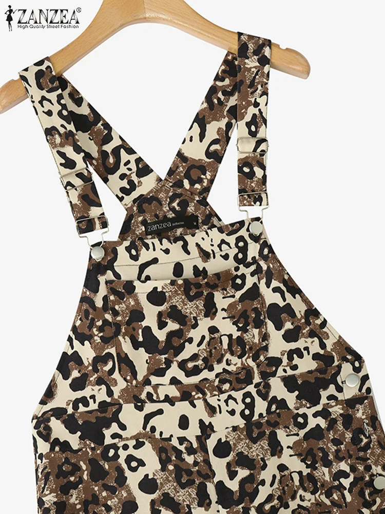 ZANZEA-monos con estampado de leopardo para mujer, monos informales con bolsillos, pantalones de pierna ancha, ropa informal suelta, peleles largos, 2025