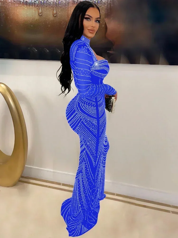 GUWU Luxury Elegant Celebrity Evening Prom Dresses for Women Party Night Cut Out Diamonds Rhinestone Mermaid Bodycon Maxi Dress