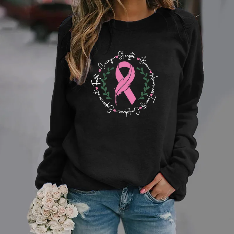 Awareness Ribbon Breast Cancer Pullover Women's Fashion Faith Hope Love Long Sleeve Crew Neck Sweatshirt Top