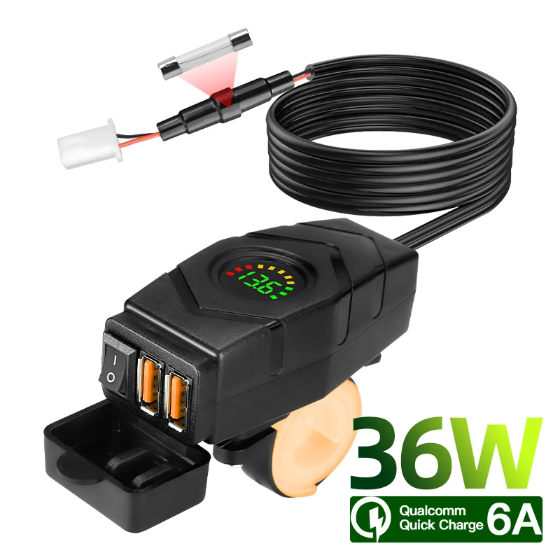 Adaptador USB QC de 36W, cargador impermeable para motocicleta, cc 12V-24V con pantalla LED e interruptor de encendido/apagado, Cable de 1,5 M para