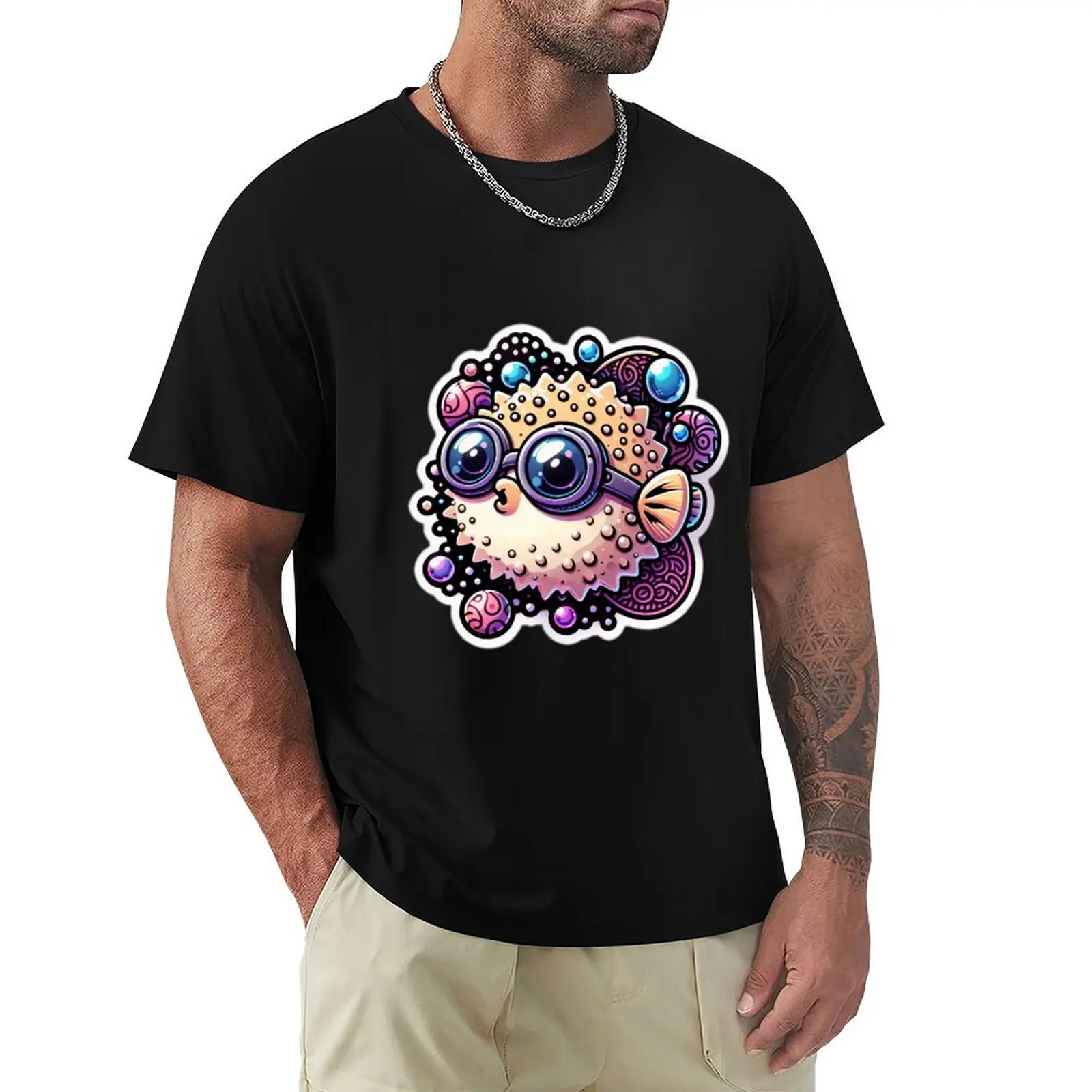 Inflated puffer fish with diving goggles T-Shirt summer top customizeds t shirts for men cotton