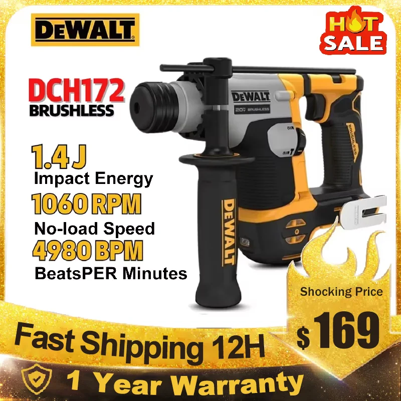 DeWalt DCH172 Compact Hammer Cordless Rechargeable Hammer Drill 20 MAX Battery SDS Plus 5/8 Inch Wireless Perforator Power Tools