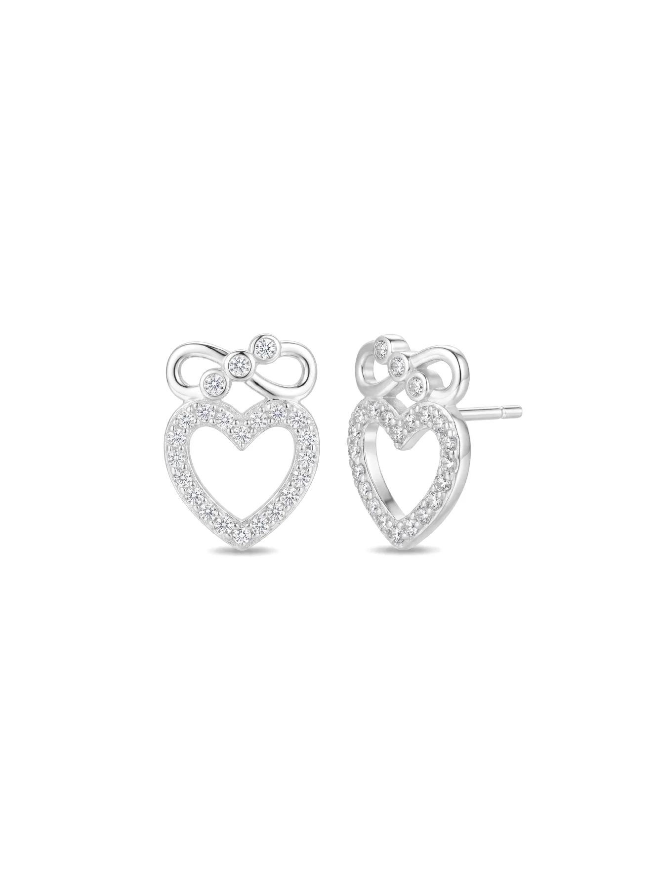 

White Gold Plated S925 Silver Bow & Heart CZ Stud Earrings, Hypoallergenic Jewelry with Gift Box, for Valentine's Day, Christmas