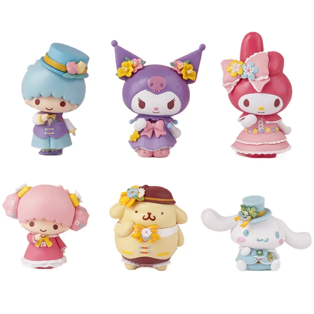 

6 шт./компл. аниме Sanrio Melody In Bloom Kuromi Pacha Dog с большими ушами собаками, мультяшная кукла, мини-милые фигурки, украшение для торта, орнамент