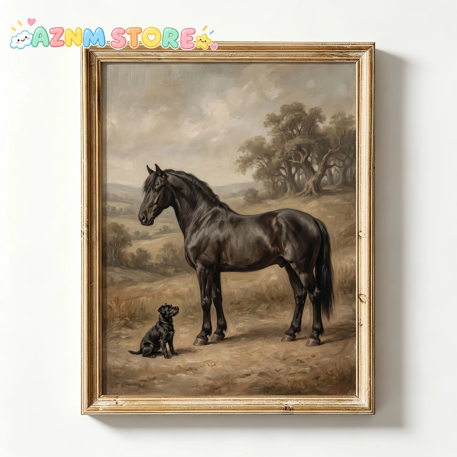 2027Vintage Friesian Horse & Terrier Oil Painting - Muted Sepia Suitable for Living Room, Bedroom, Farmhouse Decor - Vertical