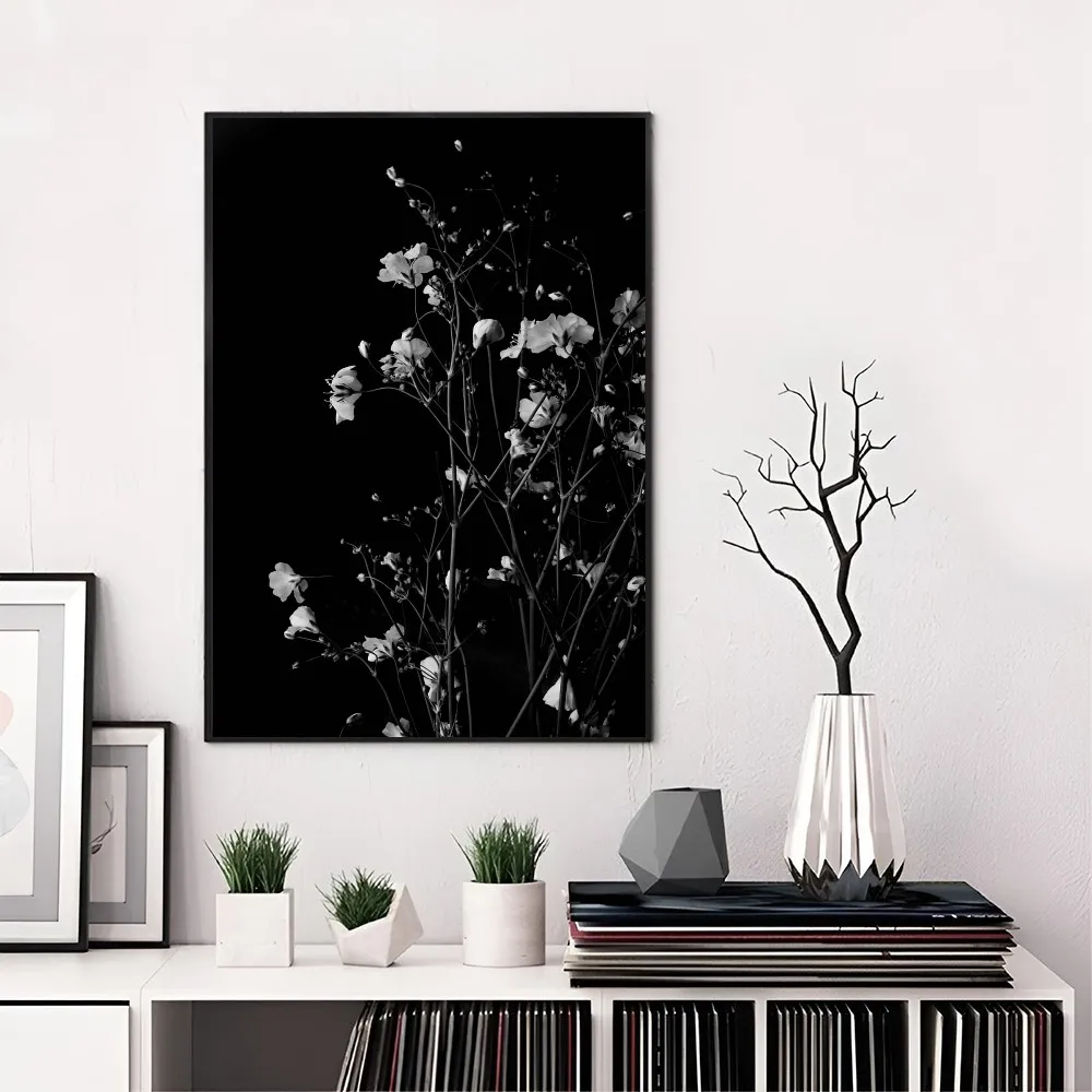 1PC Black And White Art Plant Flower Poster Self-adhesive Art Waterproof Paper Sticker Coffee House Bar Room Wall Decor
