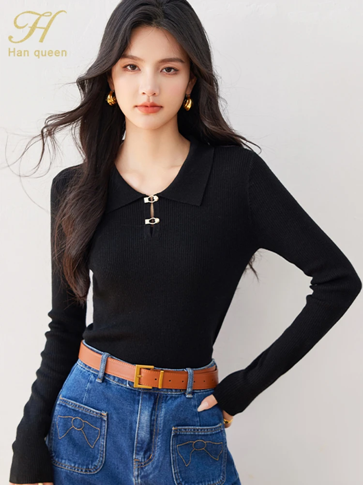 H Han Queen New Women\'s Sweater Long Sleeve Work Casual Tops Loose metal buckle Vintage Pullover Korean Syle Women\'s Clothing