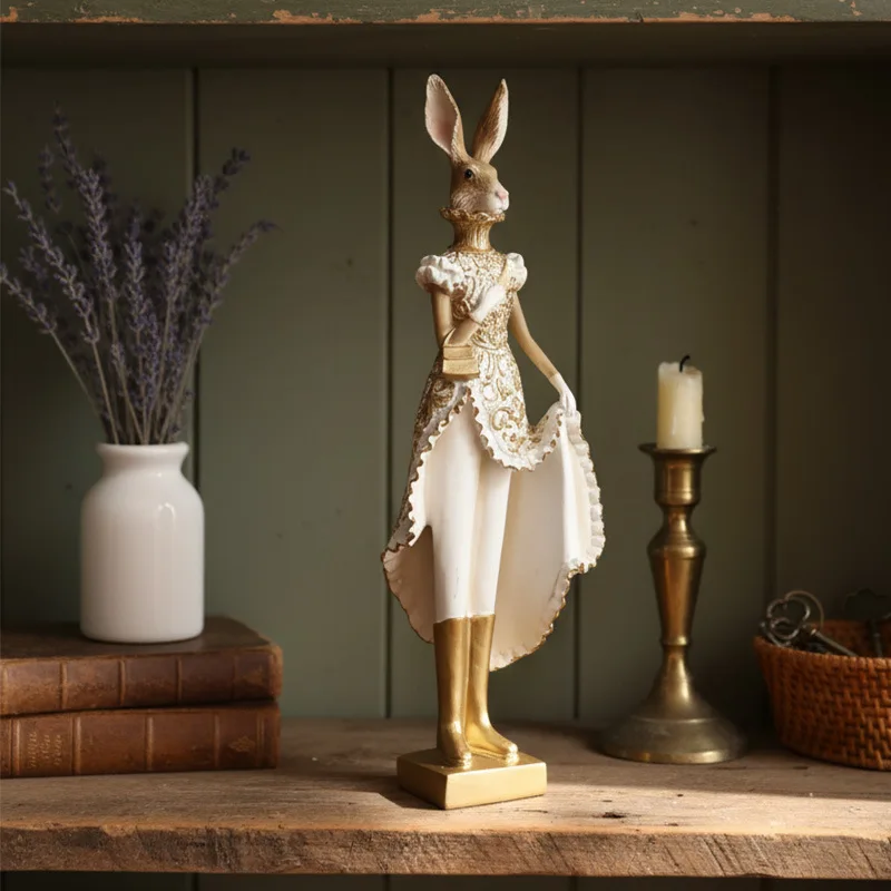 Elegant Resin Mr Mrs Rabbit Figurine Gold White 32.5cm Tall Wonderland Animal Statue for Shelf Cabinet Home Tabletop Decor Gift