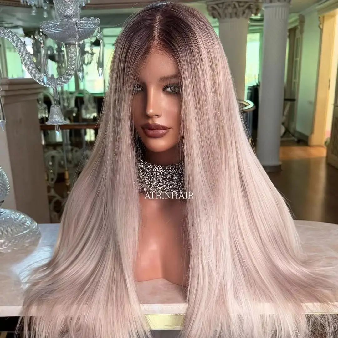 Ombre Platinum Blonde Highlights HD Transparent Lace Front Wig Blended Human Hair Preplucked Hairline Soft Long Straight Wig