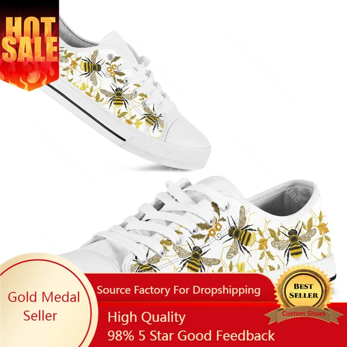 

Women Casual Flats Cute Bee Pattern Low Top Canvas Sneakers Lady White Flat Shoes Plus Size to 45/46