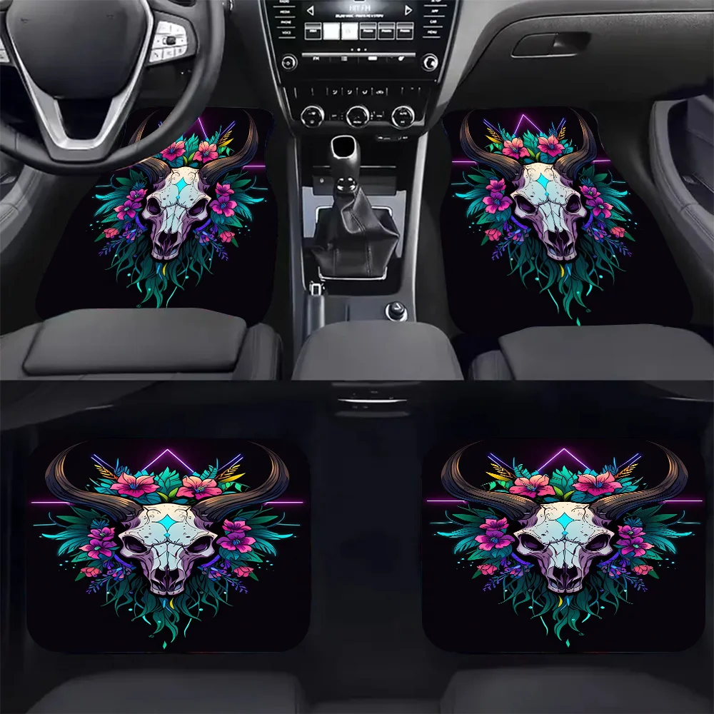 

4pcs-Floral Skull ArtworkPrinted Car Floor Mats - Stylish, Easy To Clean, Suitable For All Vehicles, Durable And Provide Lasting