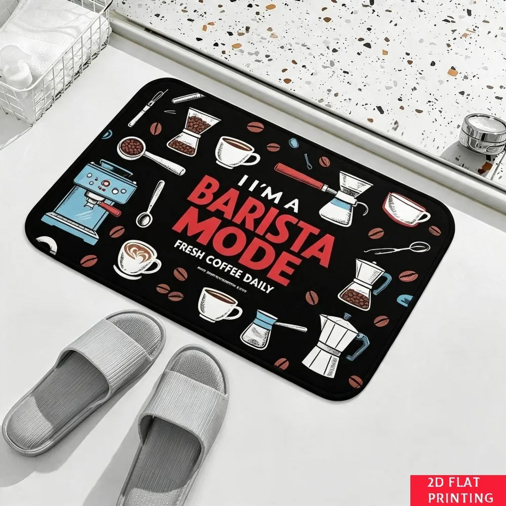 Barista Mode Coffee Machine Mat Black Background Red Text Bean Cup Print Non Slip  Floor Mat For Kitchen Entryway Decoration