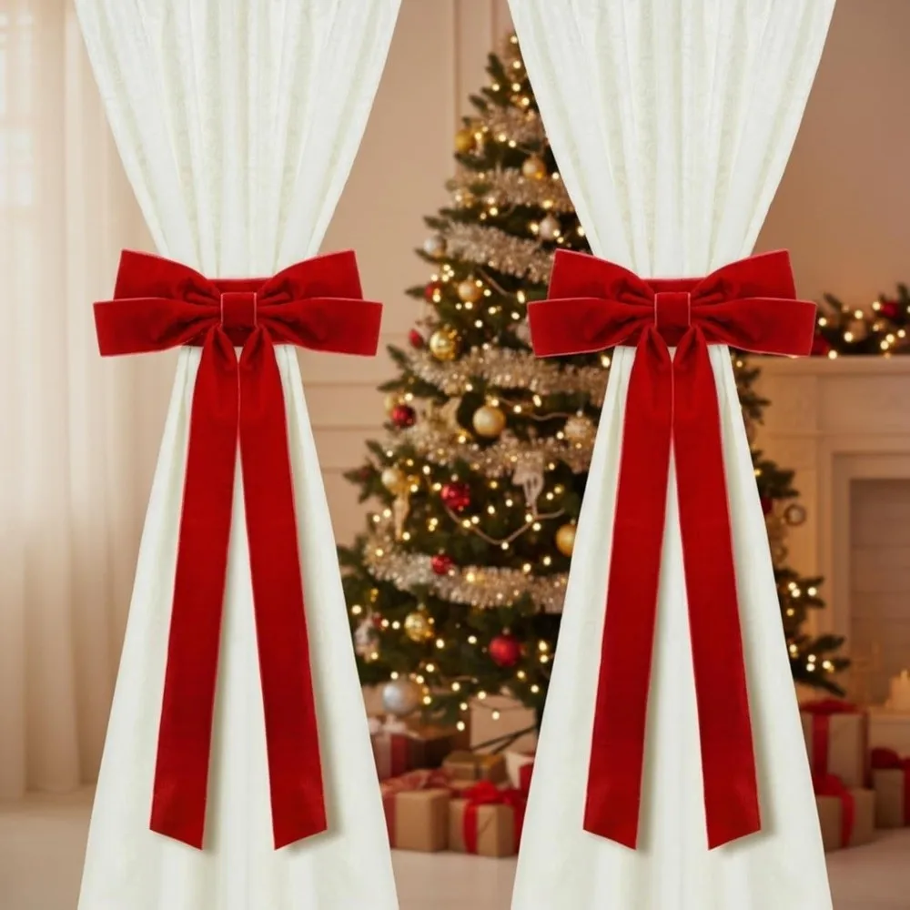 Adjustable Christmas Tree Curtain Tieback Velvet Bowknot Red Bow Curtain Rope Decorative Exquisite Curtain Strap Office
