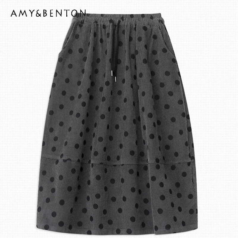 

Autumn Winter Fashion Polka Dot Cotton Corduroy Women's Skirt Original Retro Sweet Cool Loose Versatile A-line Skirts Ladies