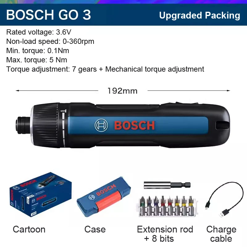 Bosch 3 Go Cordless Electric Screwdriver  Rechargeable Cordless Drill 8 Batch Heads 1 Extension Rod 1 Charging Cable 1 Box